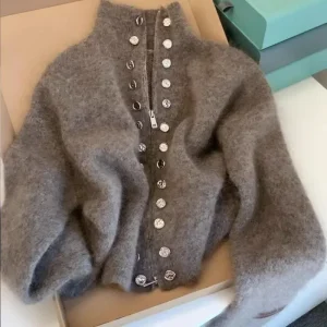 Women Fluffy Knitted Cardigans Sweater Design Double Breasted Sweater Coat Autumn Winter High-end Lazy Zipper Knit Top